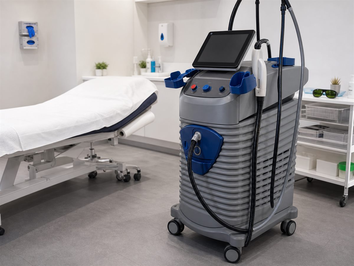 Illustrative Motus AY-style laser machine in a clinical treatment room